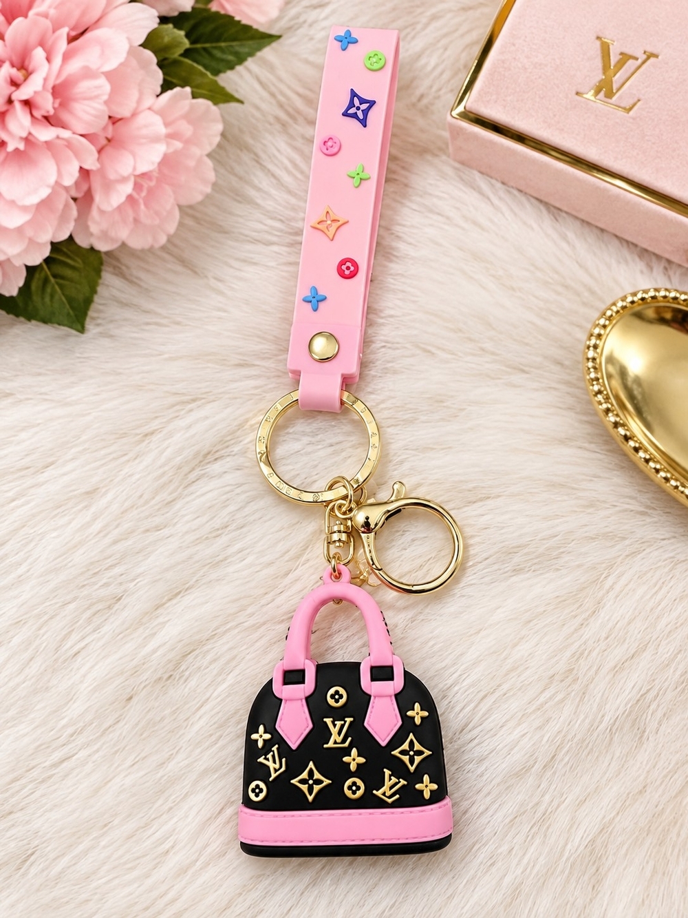 Inspired Pink & Black Bag Charm Keychain